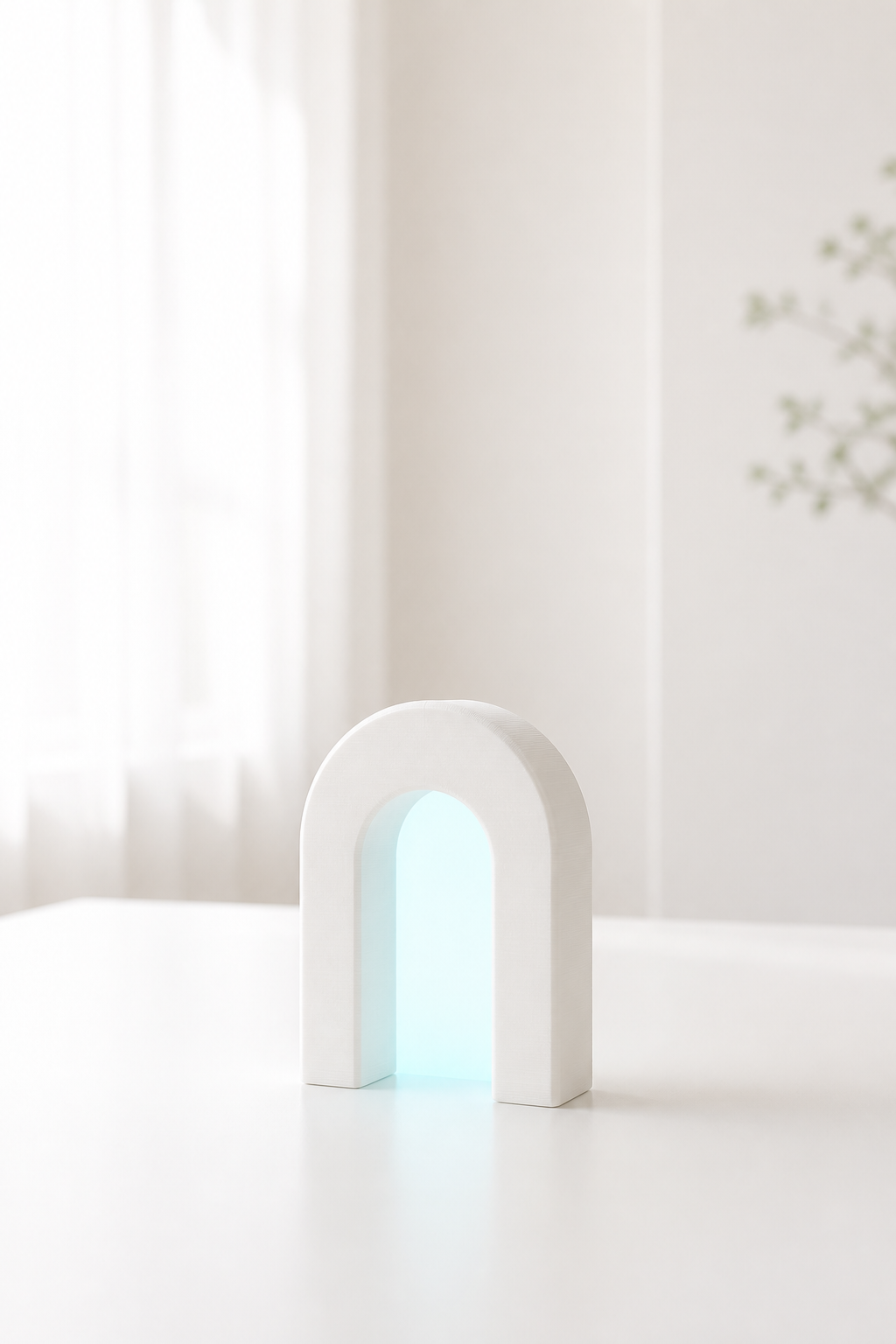 3Dプリントで作られた白いアーチの扉。内側から淡い水色の光が漏れている